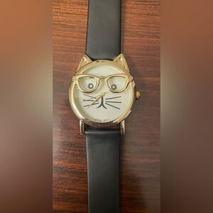 Gold-Tone Cat Watch w/ Adjustable Black Strap (7.5” - 9.5”) - NEW